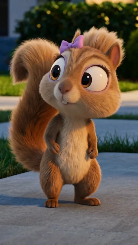 Chipette, a soft brown squirrel with a purple bow